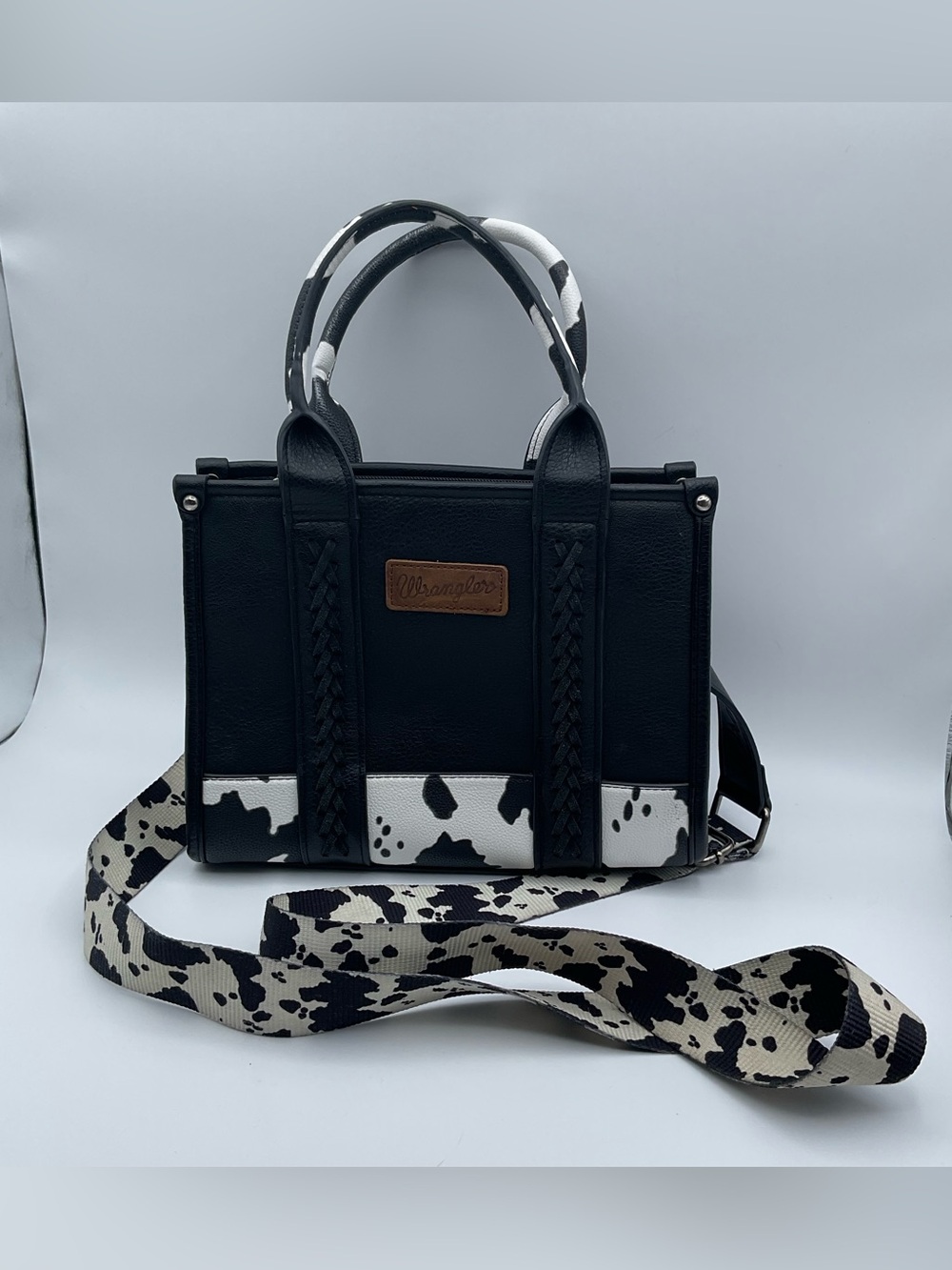 Wrangler Black Mini Satchel Crossbody Cow Print Strap Faux Leather Western Bag